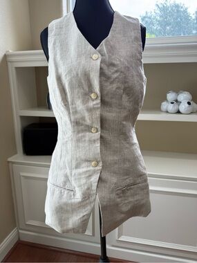 LINEN Designer Lined Sleeveless Top British Khaki Small  Natural Button-Front